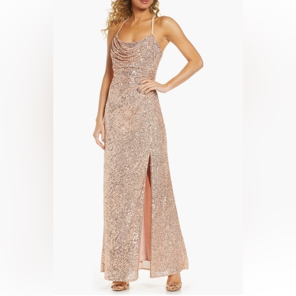 Morgan & Co. Cowl Neck Sequin Crossback Body-Con Gown Gold Dress Sz Jr 9 (6) - Picture 1 of 16